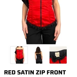 Shirley of Hollywood Red Satin Zip-Front Corset with Black Lace Trim